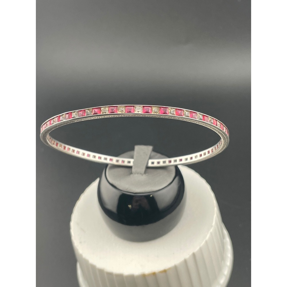 Vintage ERMA Sterling Silver Pink Clear Paste Channel Set Bangle Bracelet 2.5"